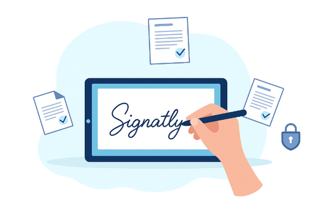 Signatly digital signature platform interface showing document signing workflow and user dashboard